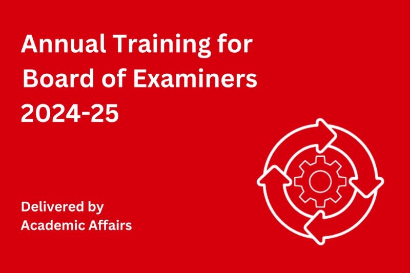 annual training for Chairs and members of Boards of Examiners white text on red background with white circular symbol